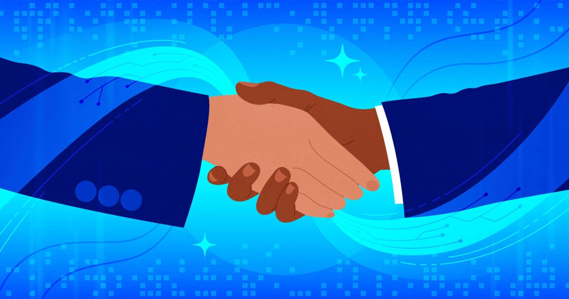 Blue rectangular card with an illustration of two different-colored hands shaking with business suit arms