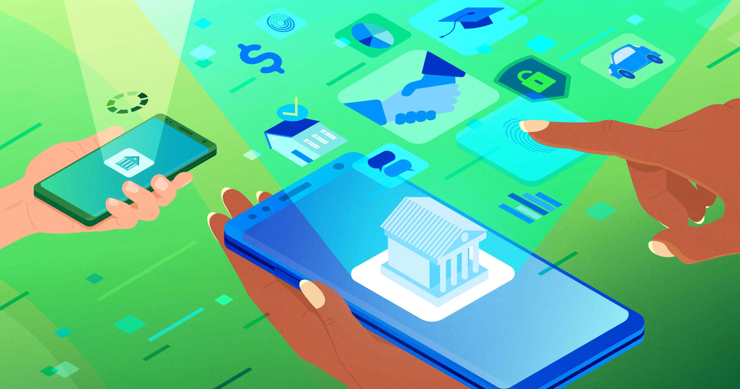 Illustration of mobile phone with hand touching digital bank images coming out of phone on top of a green background