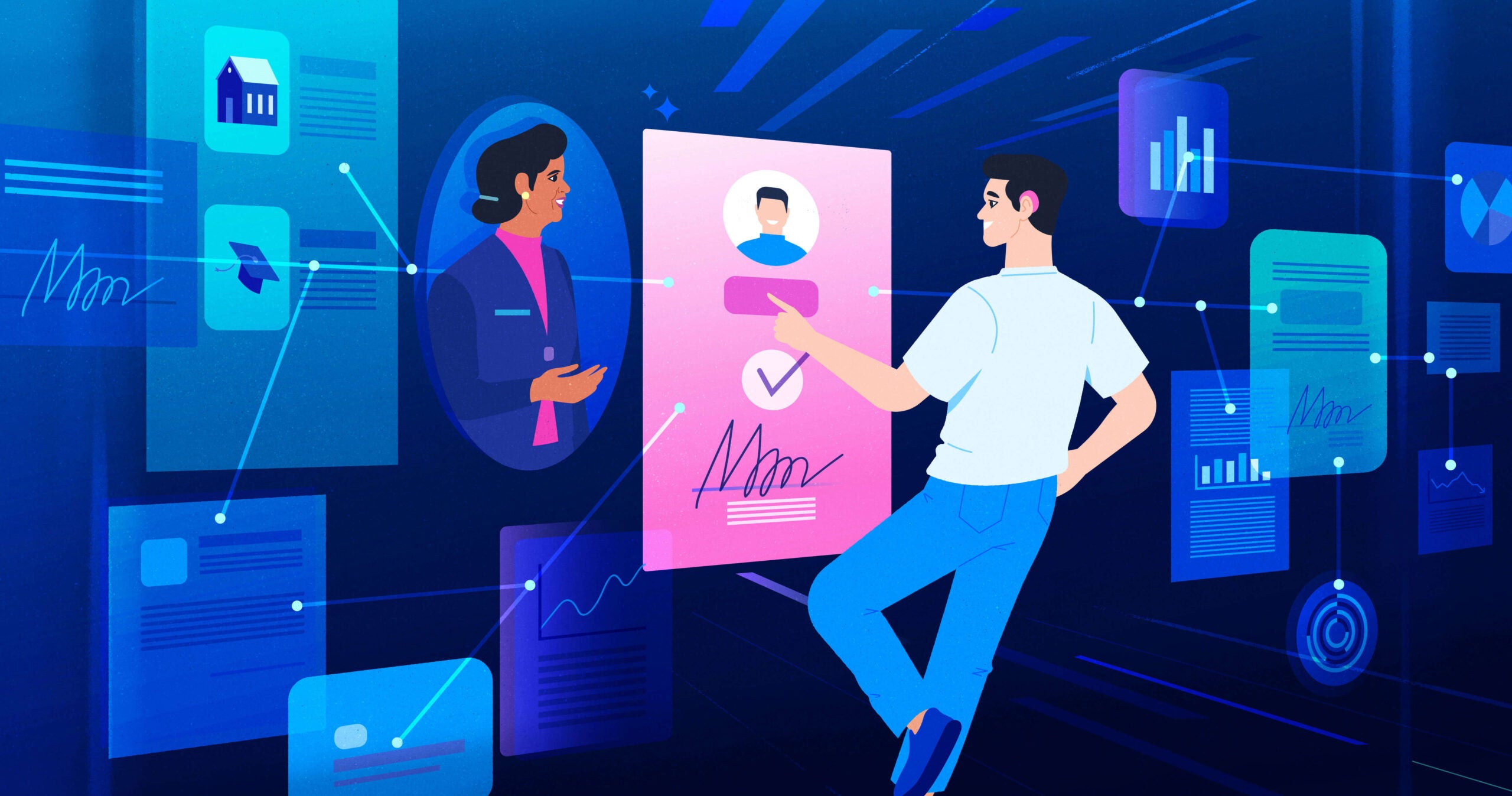 Blue rectangular card featuring illustration of man clicking on digital screen with digital woman profile facing him