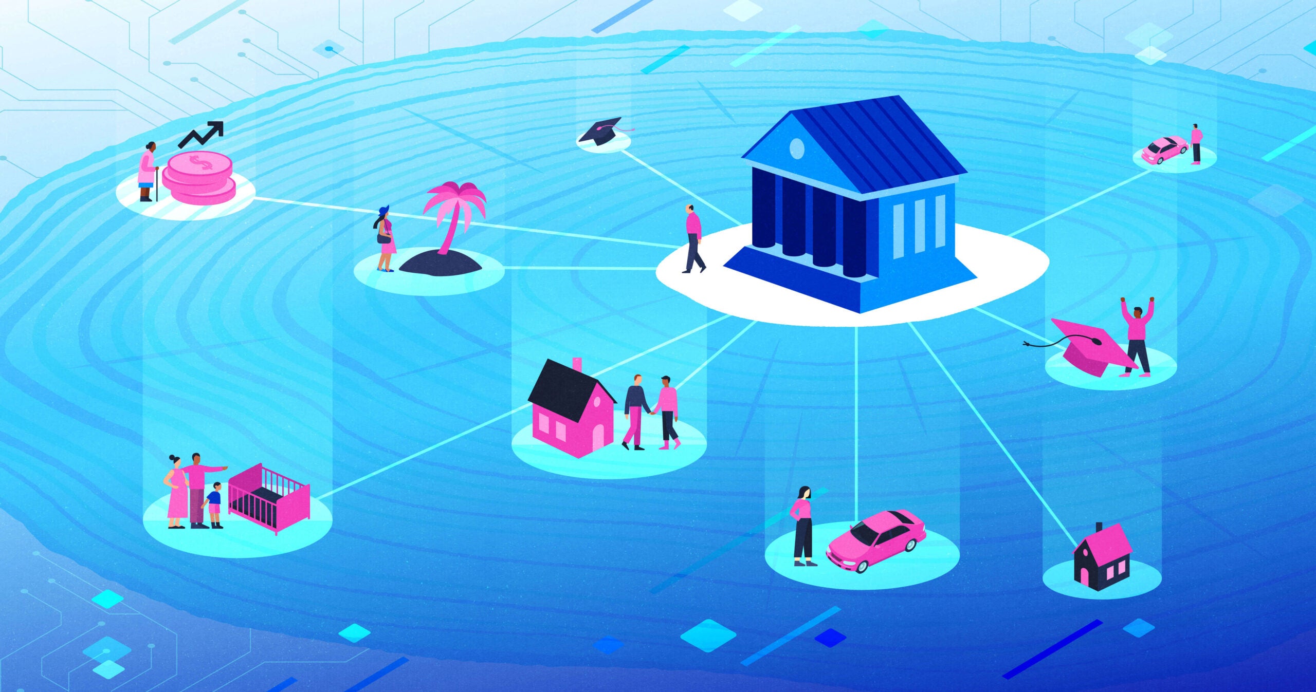 Light blue rectangular card featuring illustration of a bank with multiple life milestone points pointing to it, including a car, graduating, a home, and more