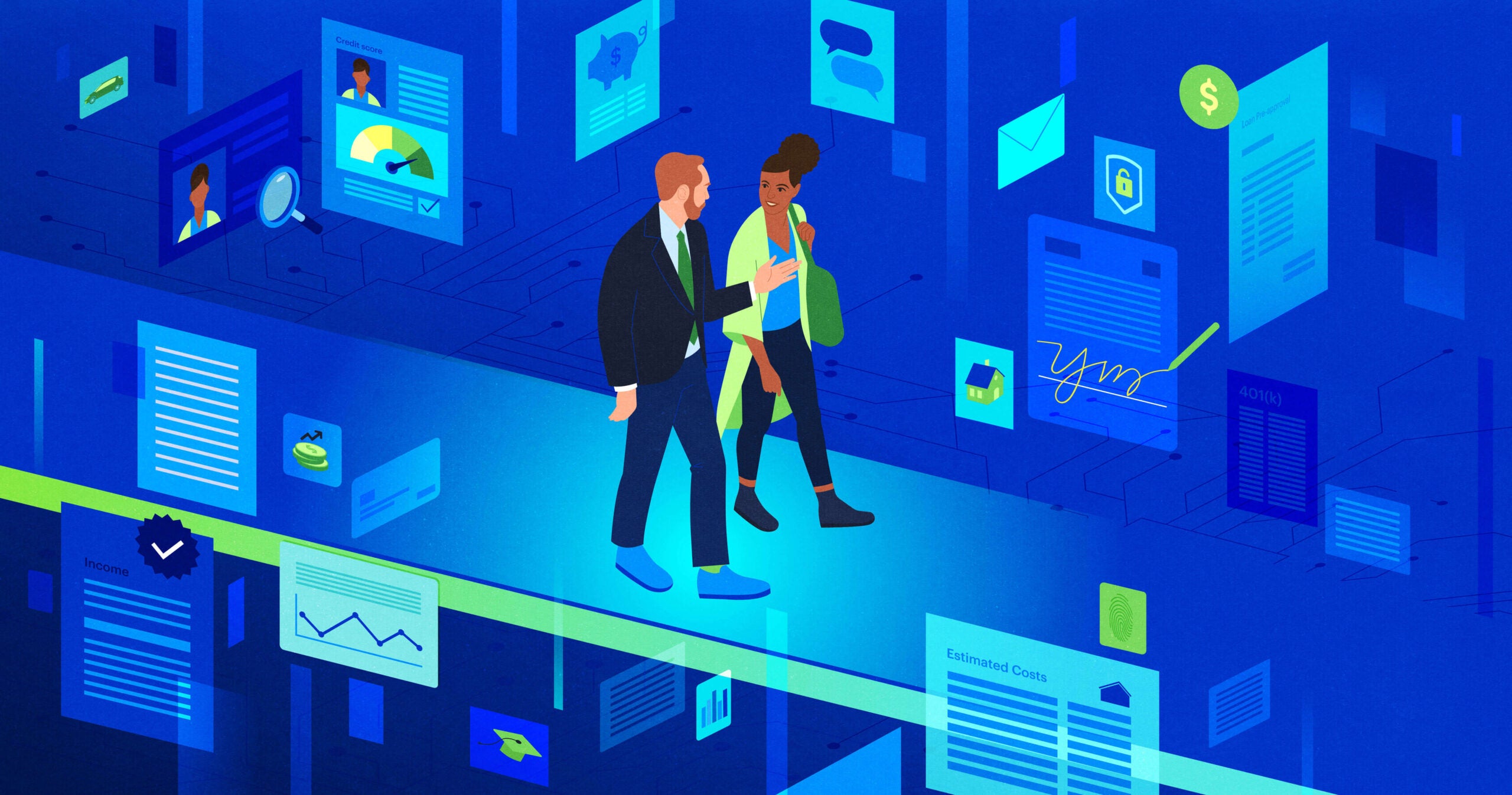 Illustration of man and woman walking and talking on a runway platform surrounded by floating documents