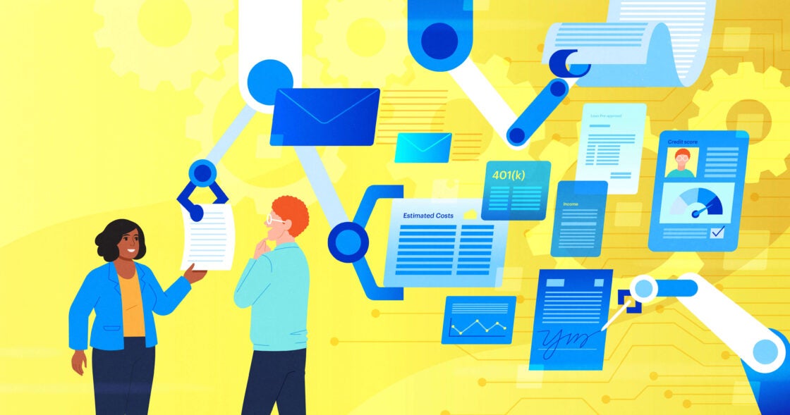 Yellow rectangular card featuring illustration of woman holding documentation that is being automated by robot arms