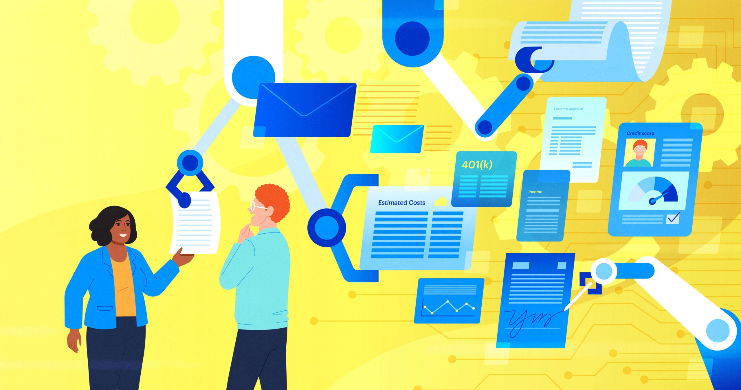 Yellow rectangular card featuring illustration of woman holding documentation that is being automated by robot arms