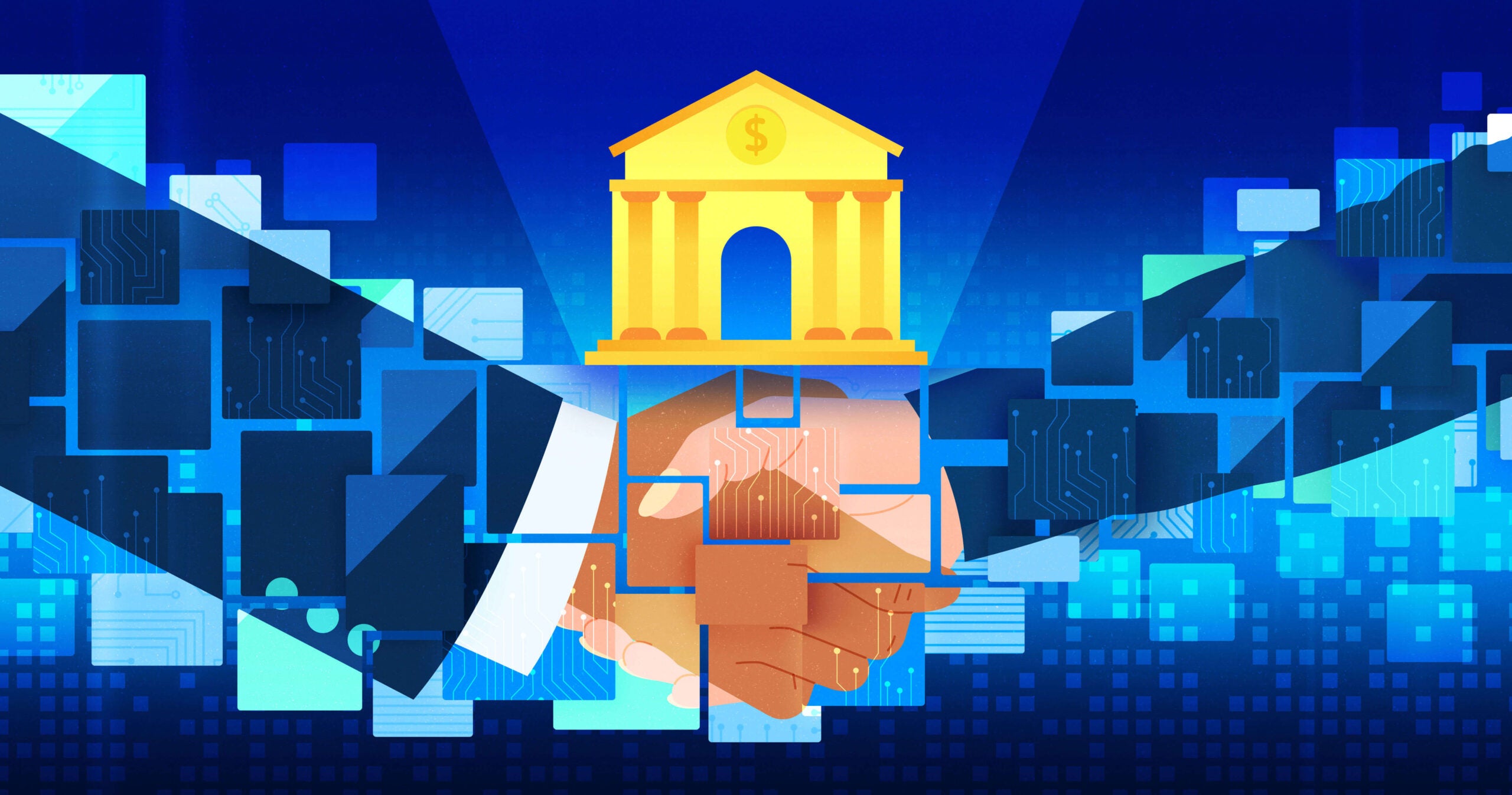 Illustration of two different-colored hands shaking on top of a blue background surrounded by digital technology and a bank