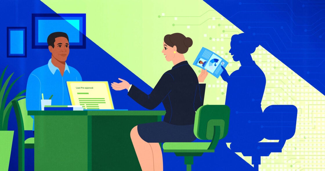 Illustration of man and woman at desk