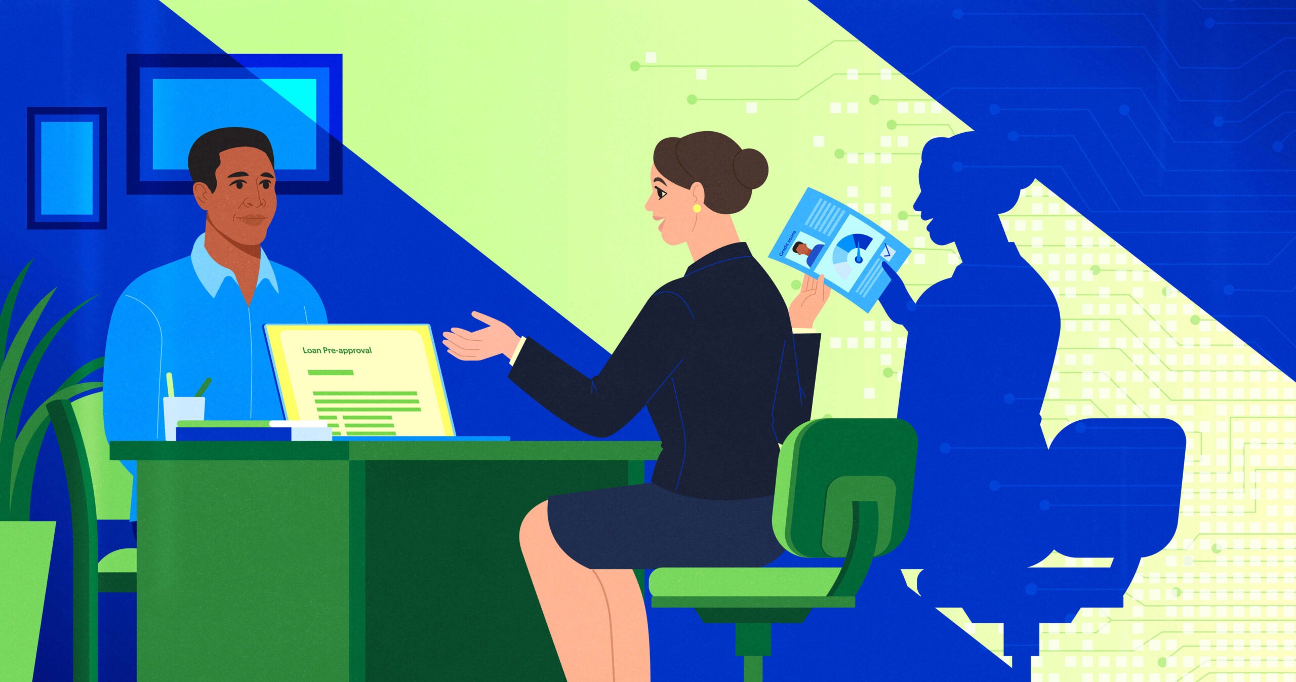 Illustration of man and woman at desk