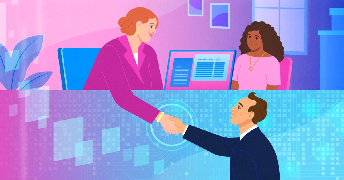 Illustration of woman shaking hands with man