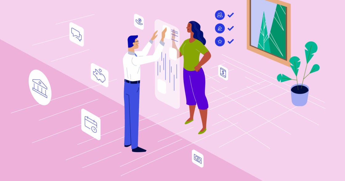 Illustration of two people engaging with digital banking technology