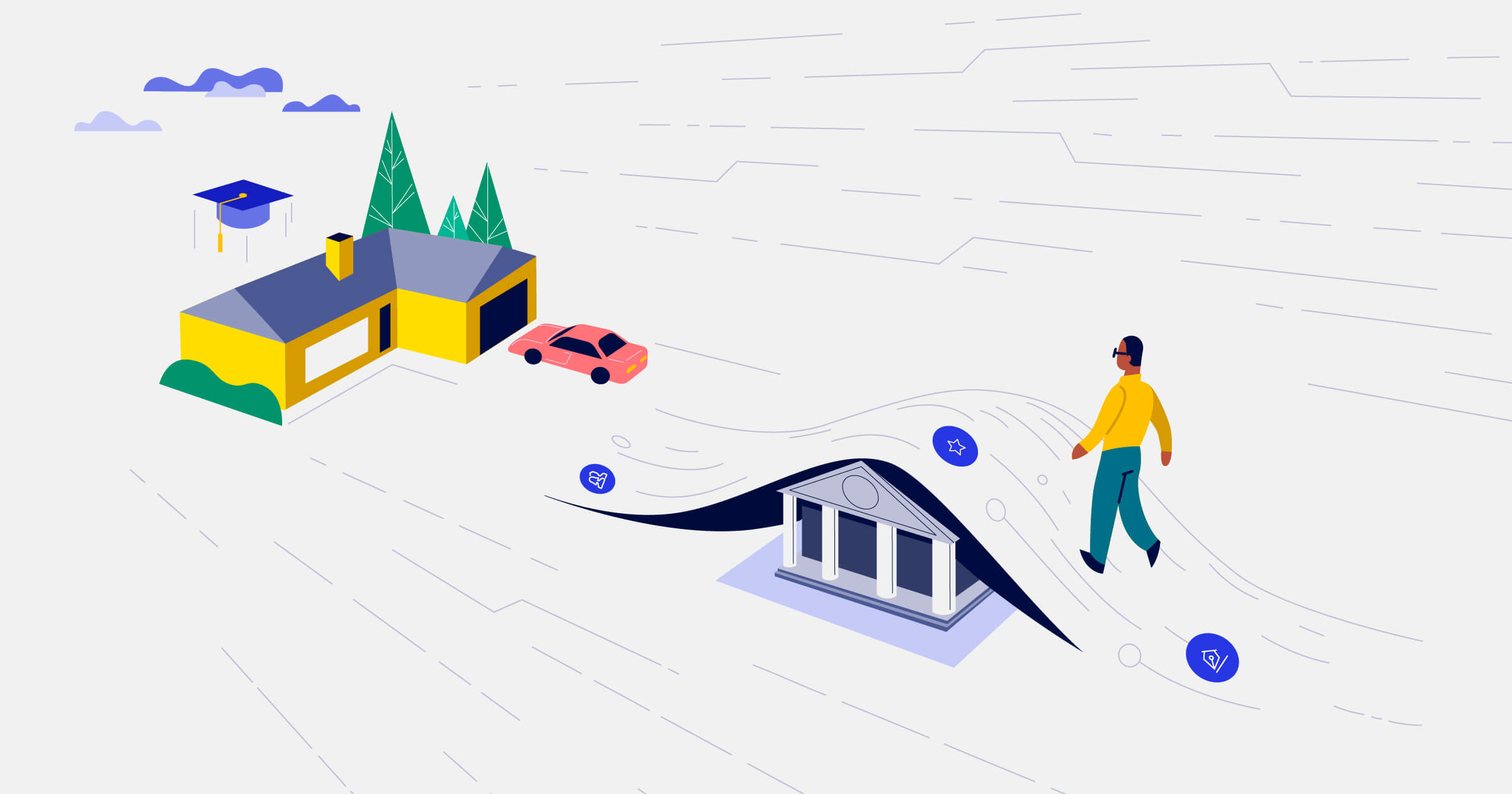 Illustration of a person walking over a bridge supported by a financial institution