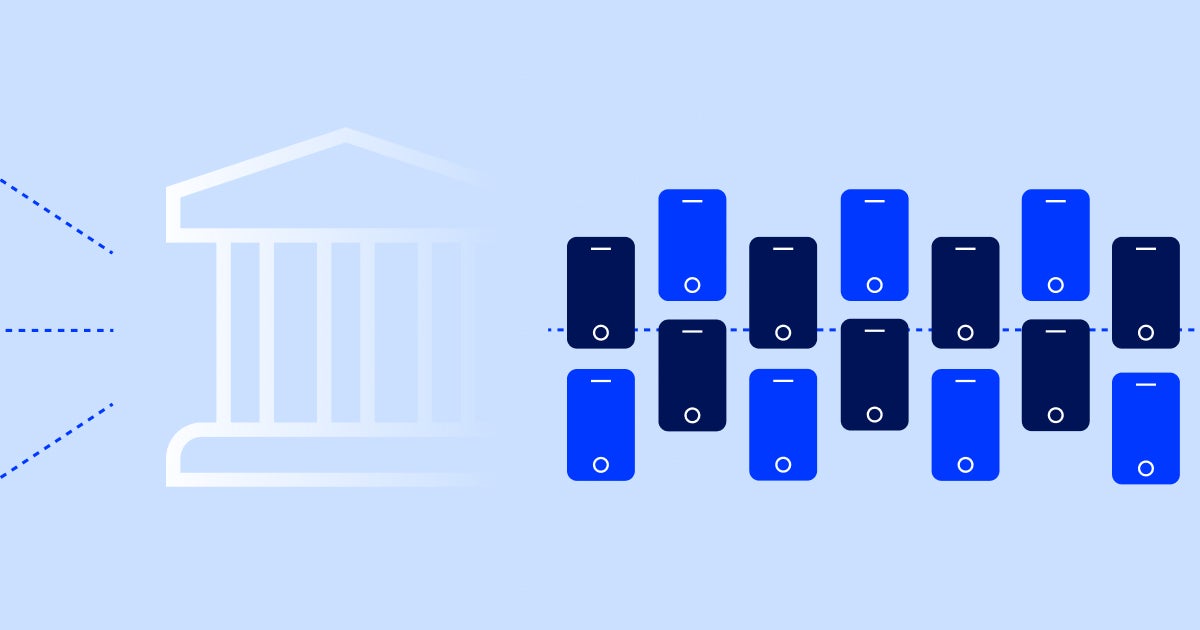 Light blue rectangular card featuring white outline of bank and navy and blue phone screens to the right of it