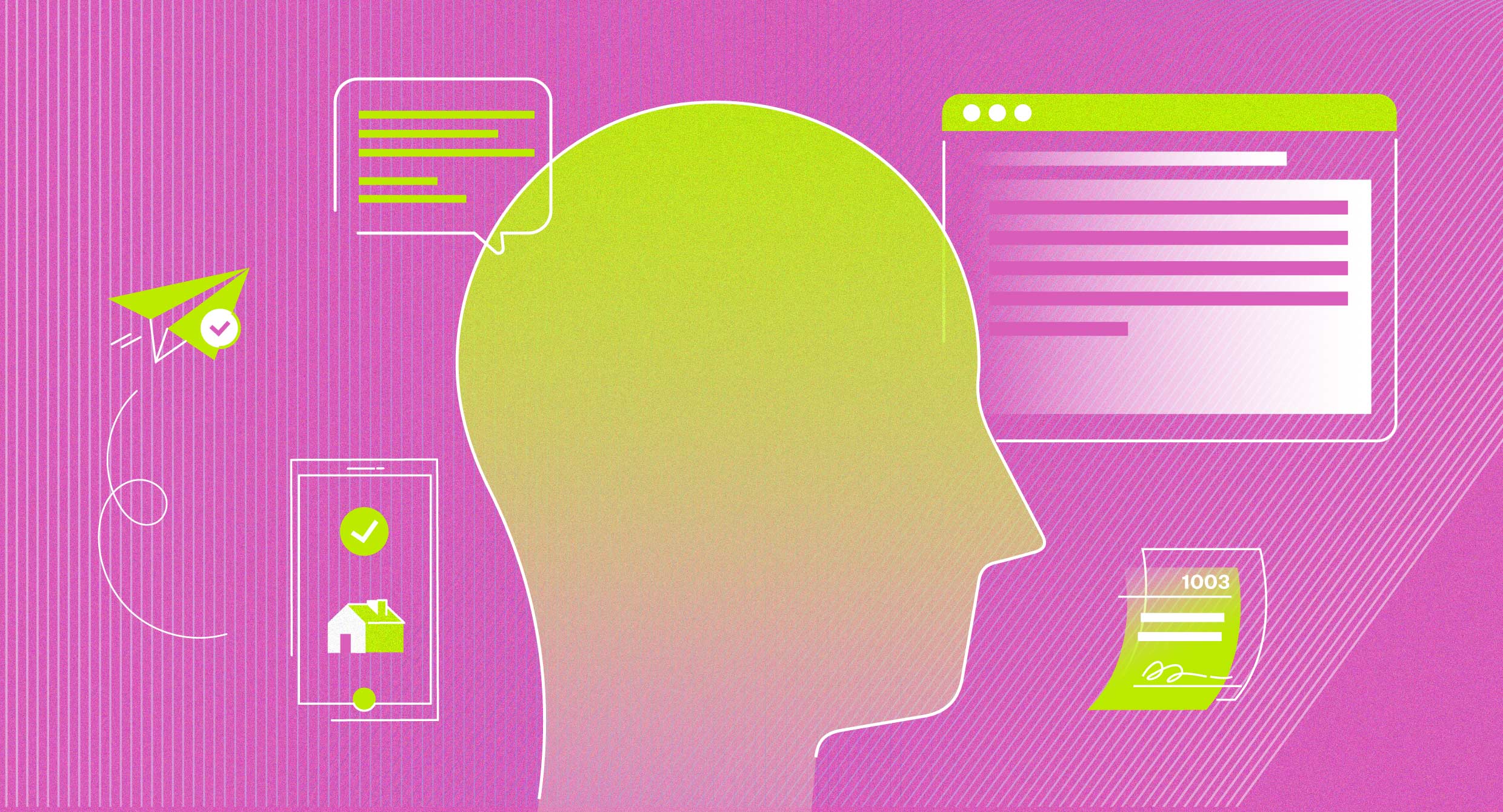 Pink rectangular image with silhouette of human head, surrounded by technological icons, including a phone, computer browser, messaging bubble, etc.