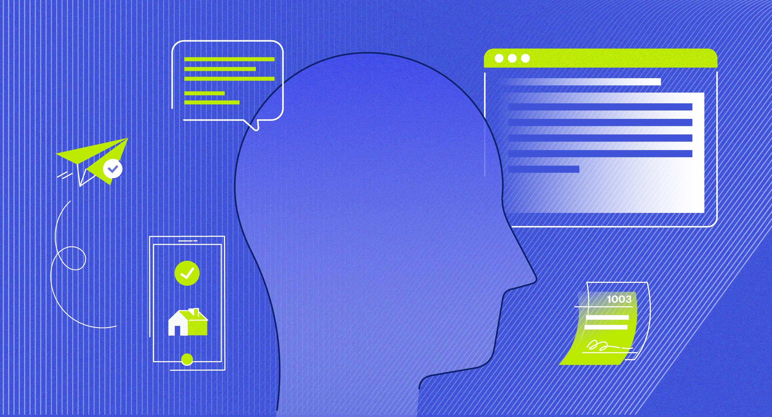 Blue rectangular image with silhouette of human head, surrounded by technological icons, including a phone, computer browser, messaging bubble, etc.