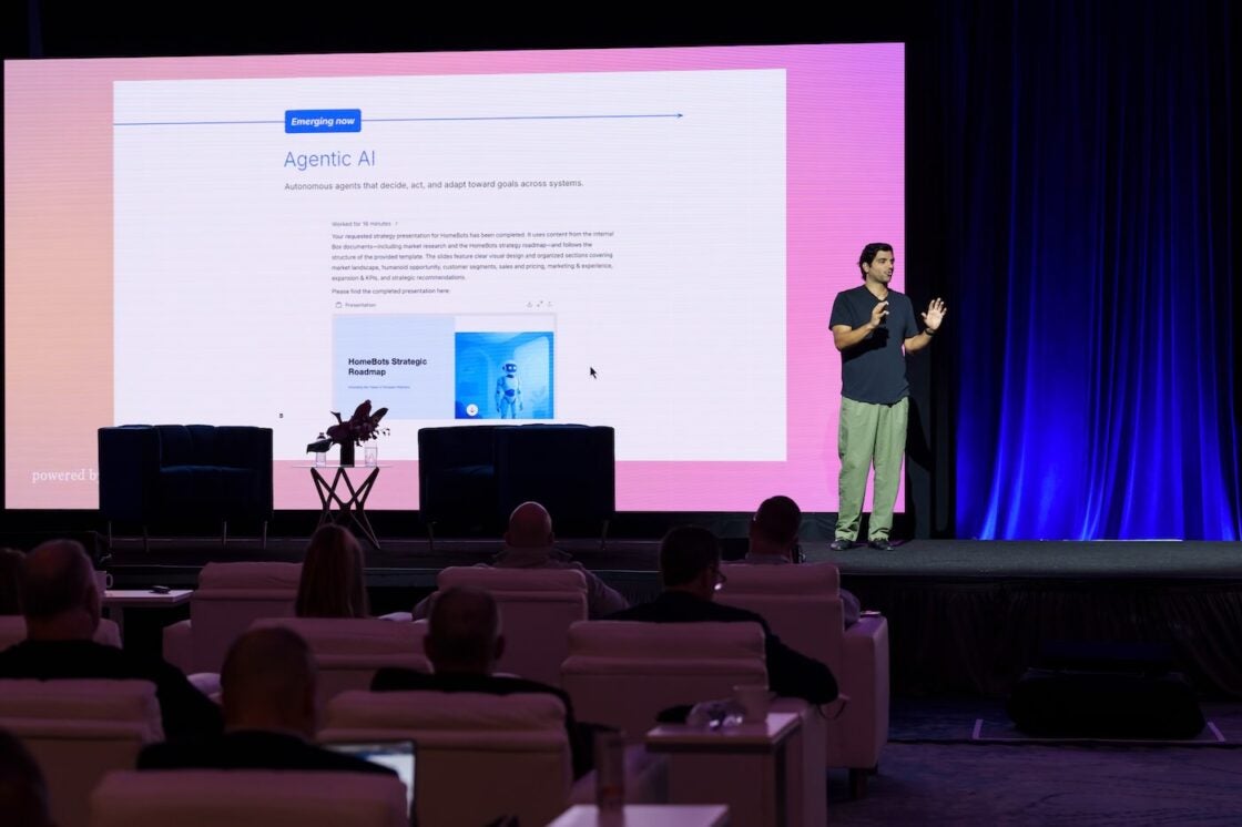 Nima Ghamsari on stage at Blend Forum 2025, discussing agentic AI.