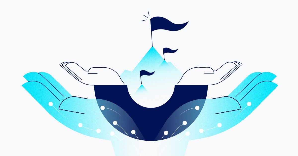 Blue-colored hand illustration providing support on top of white image