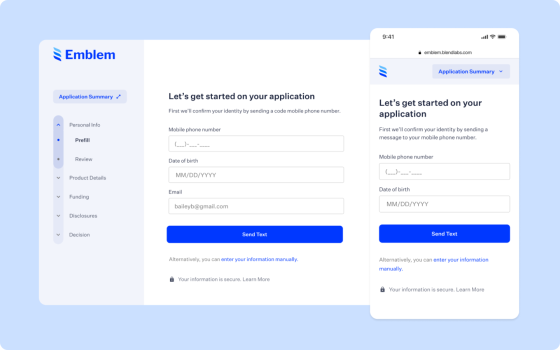 Desktop and mobile product screens of the beginning of a consumer banking application on a light blue background