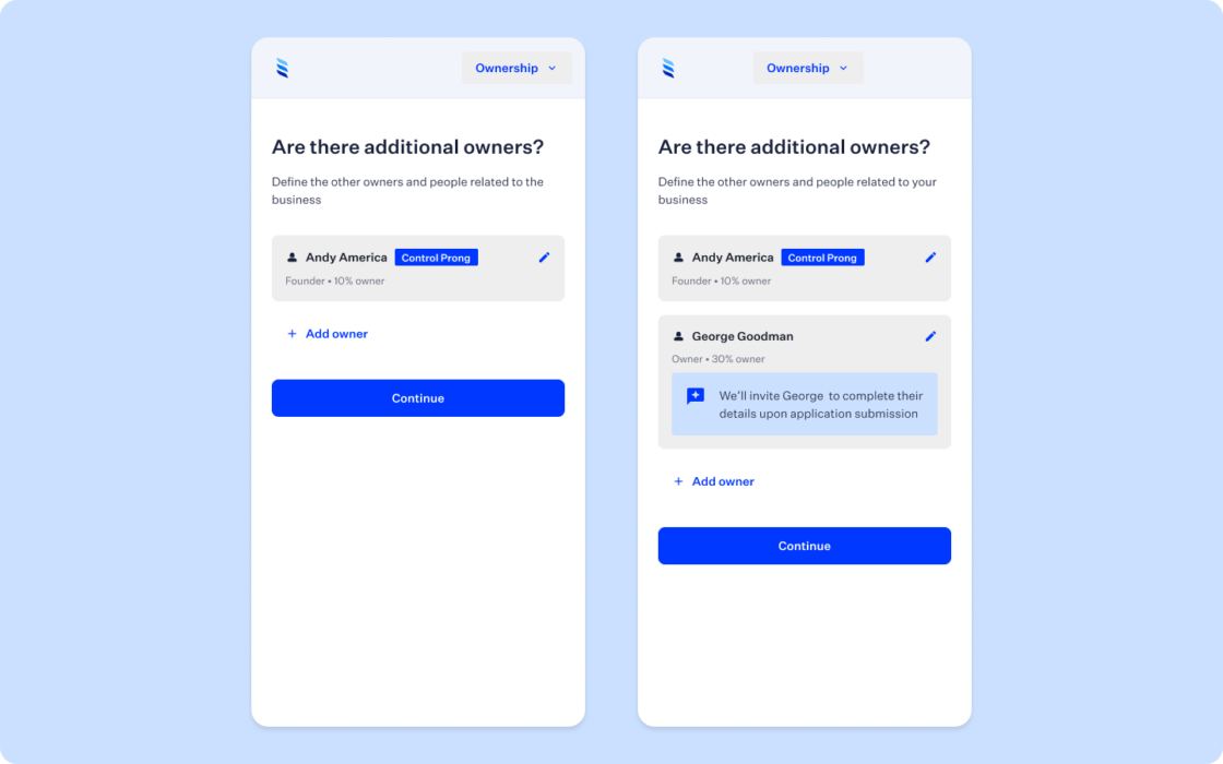 Mobile product screen showing the ownership screens for business deposit account application on a light blue background