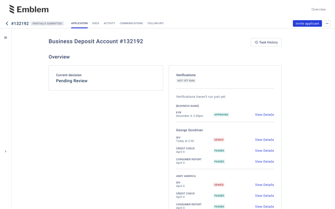 Desktop product screen showing Overview page of a business deposit account