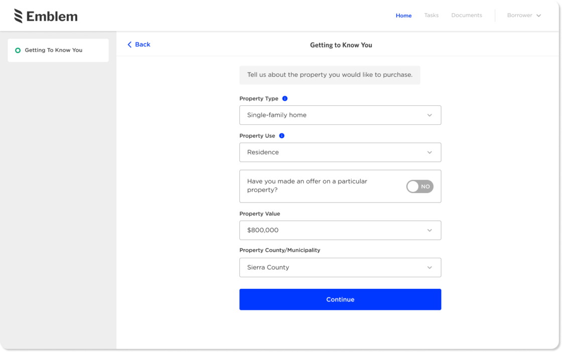Product screen featuring property intake form