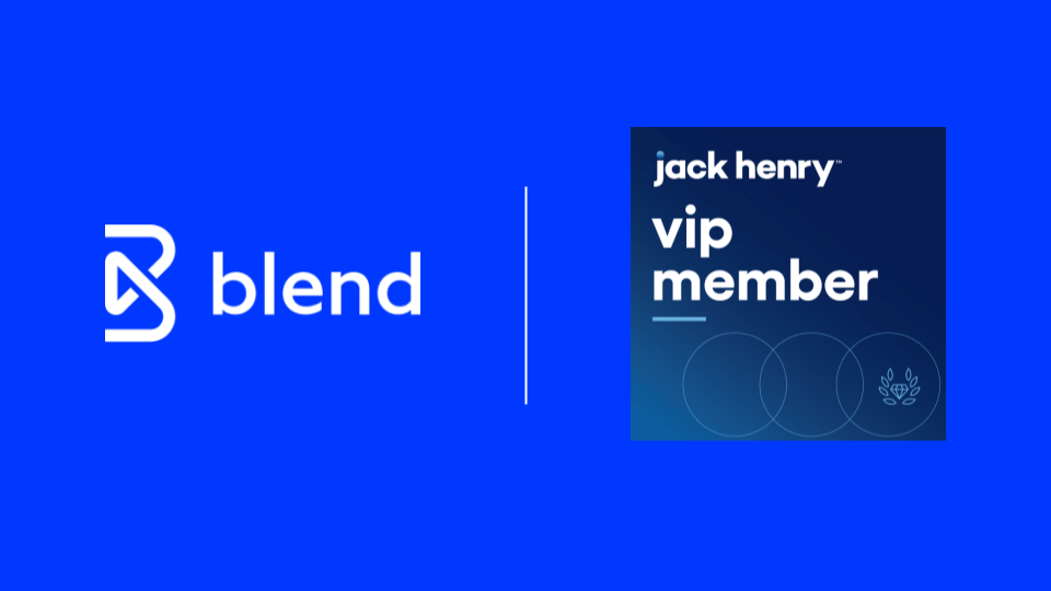 Blue rectangular card with white Blend logo and blue square that reads Jack Henry VIP member