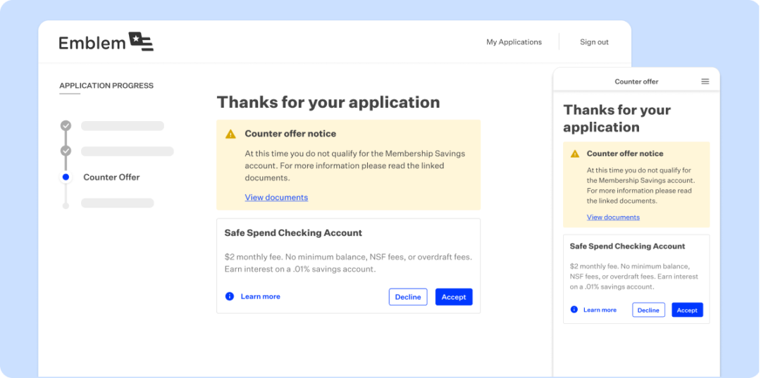 Light blue rectangular card featuring product screenshot of counter offer