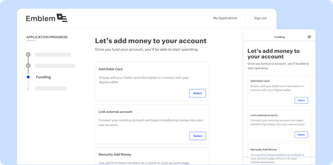 Light blue rectangular card featuring product screenshot of funding screen