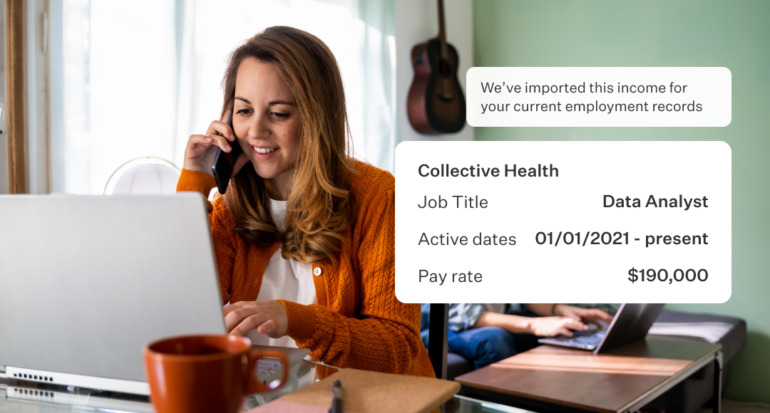 Man and woman working a computer outside, with overlay of a message saying that their income for thier current employment has been imported