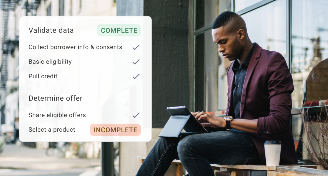 Man sitting outside working on his laptop with overlay showing that all the steps have been validated with the exception of selecting a product