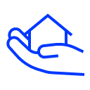 Blue outline of group of hand holding house icon