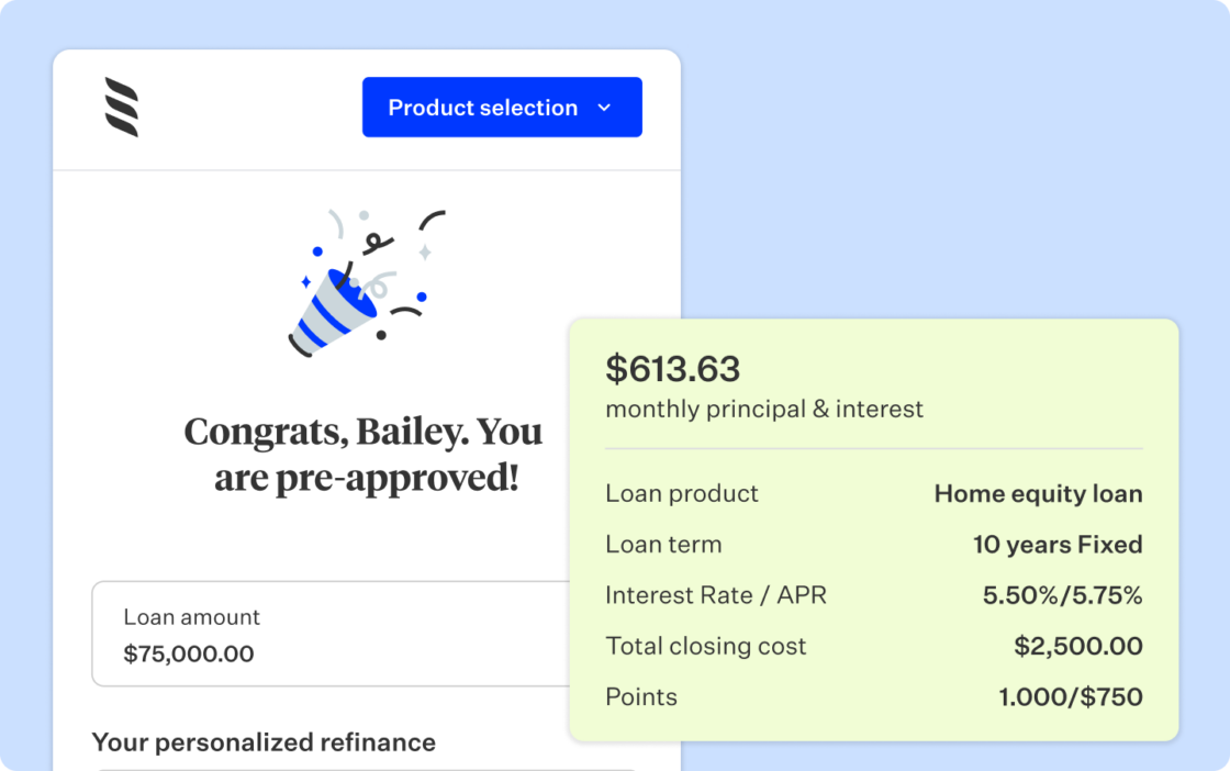 Blue rectangular card with product screen of approved loan