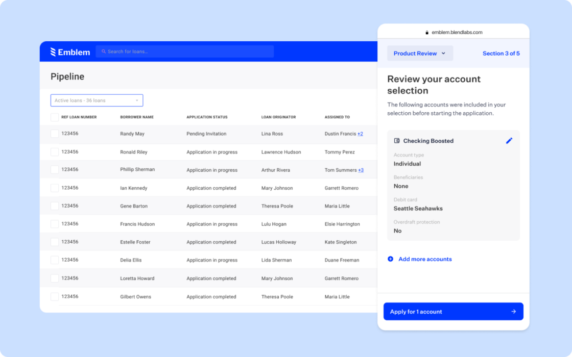 Light blue rectangular card featuring desktop view of pipeline and mobile view of a personal info/review your account selection