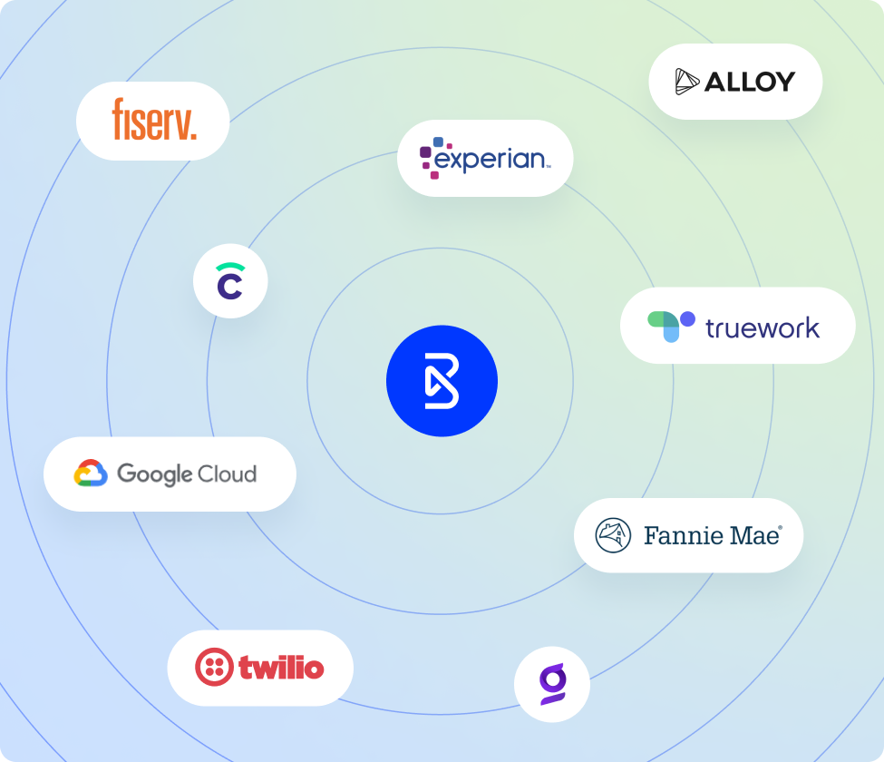 Blend logo in the center of a green to blue gradient background with partner logos place on circles around it