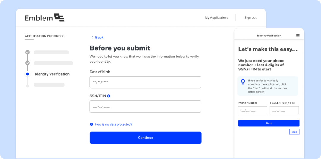 Light blue rectangular card featuring product screenshot of a pre-fill screen