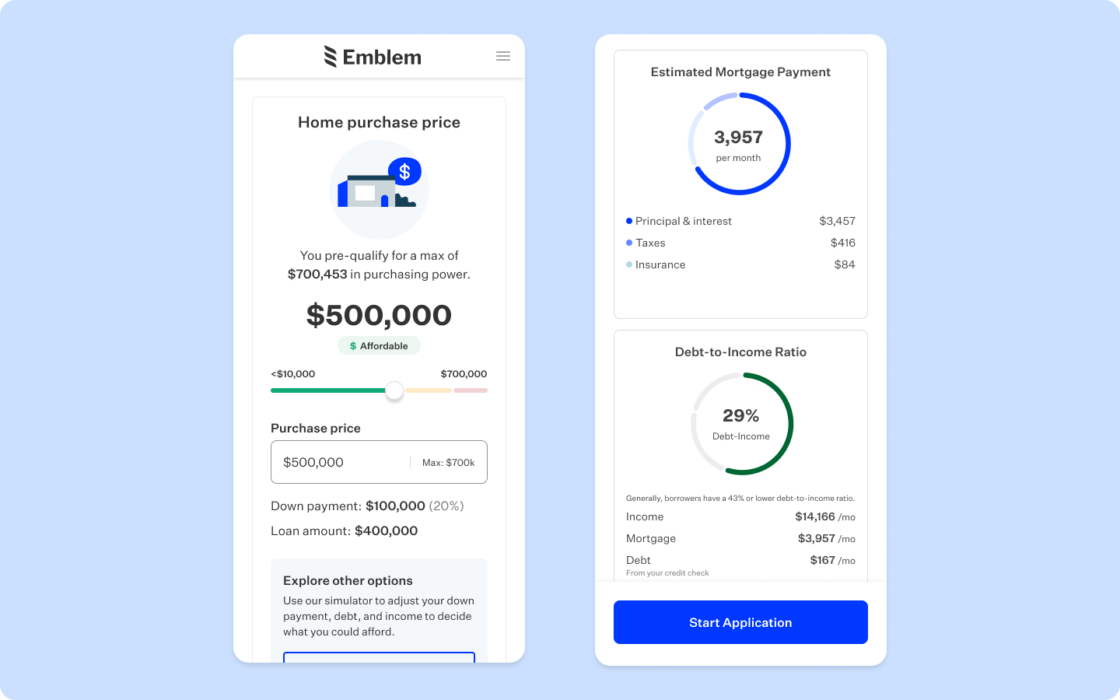 Light blue rectangular card featuring screenshot of home purchase price and estimated mortgage payment