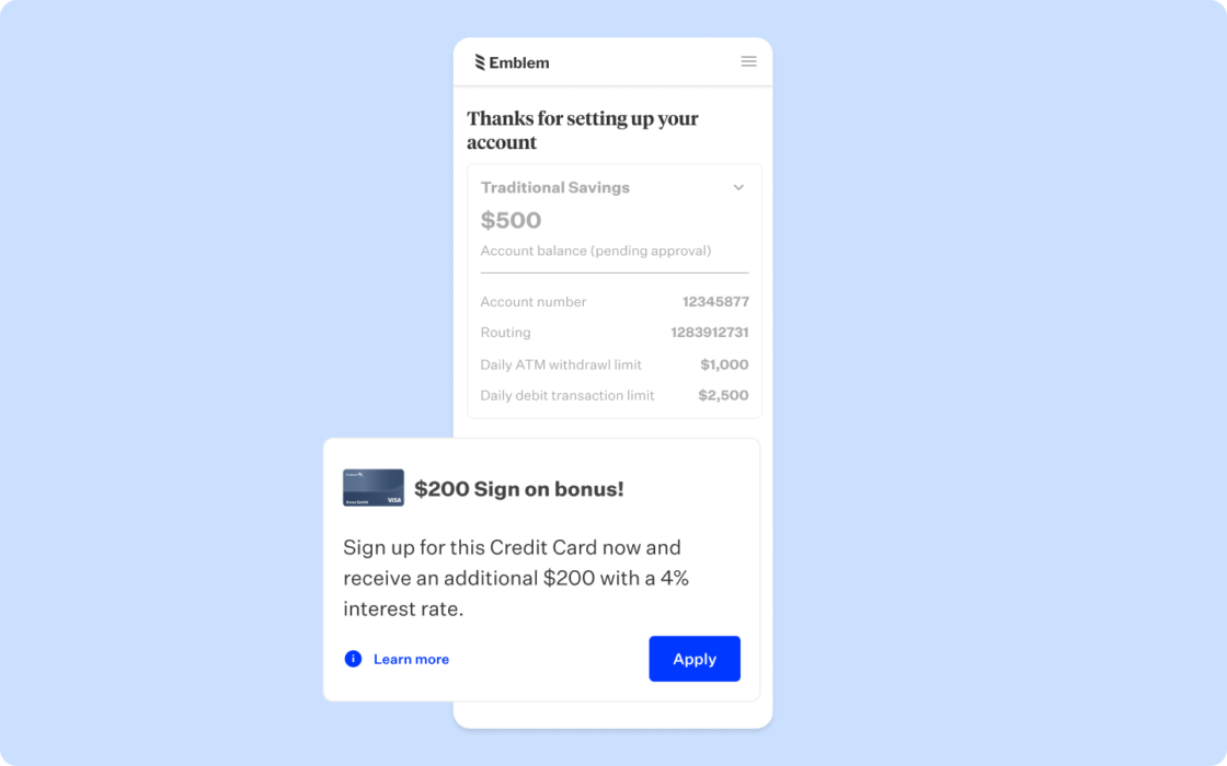 Light blue rectangular card with mobile product screen that shows an account screen with a $200 sign on bonus
