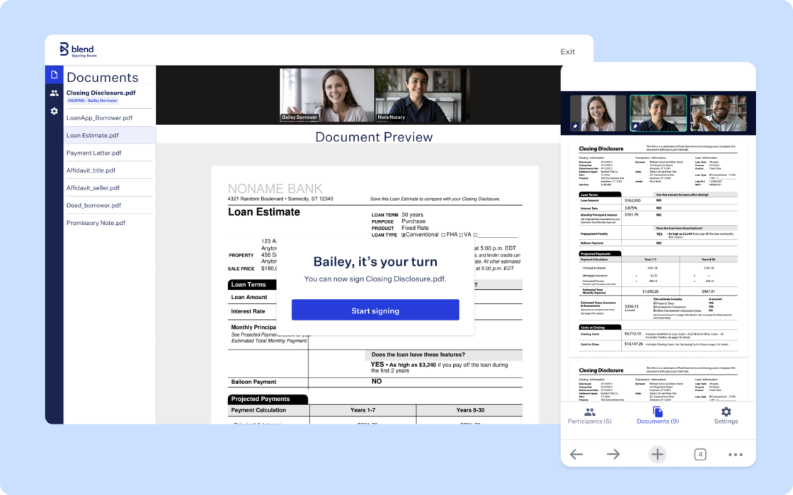 Blue rectangular card featuring desktop view of Blend Signing room and mobile view of Closing disclosure