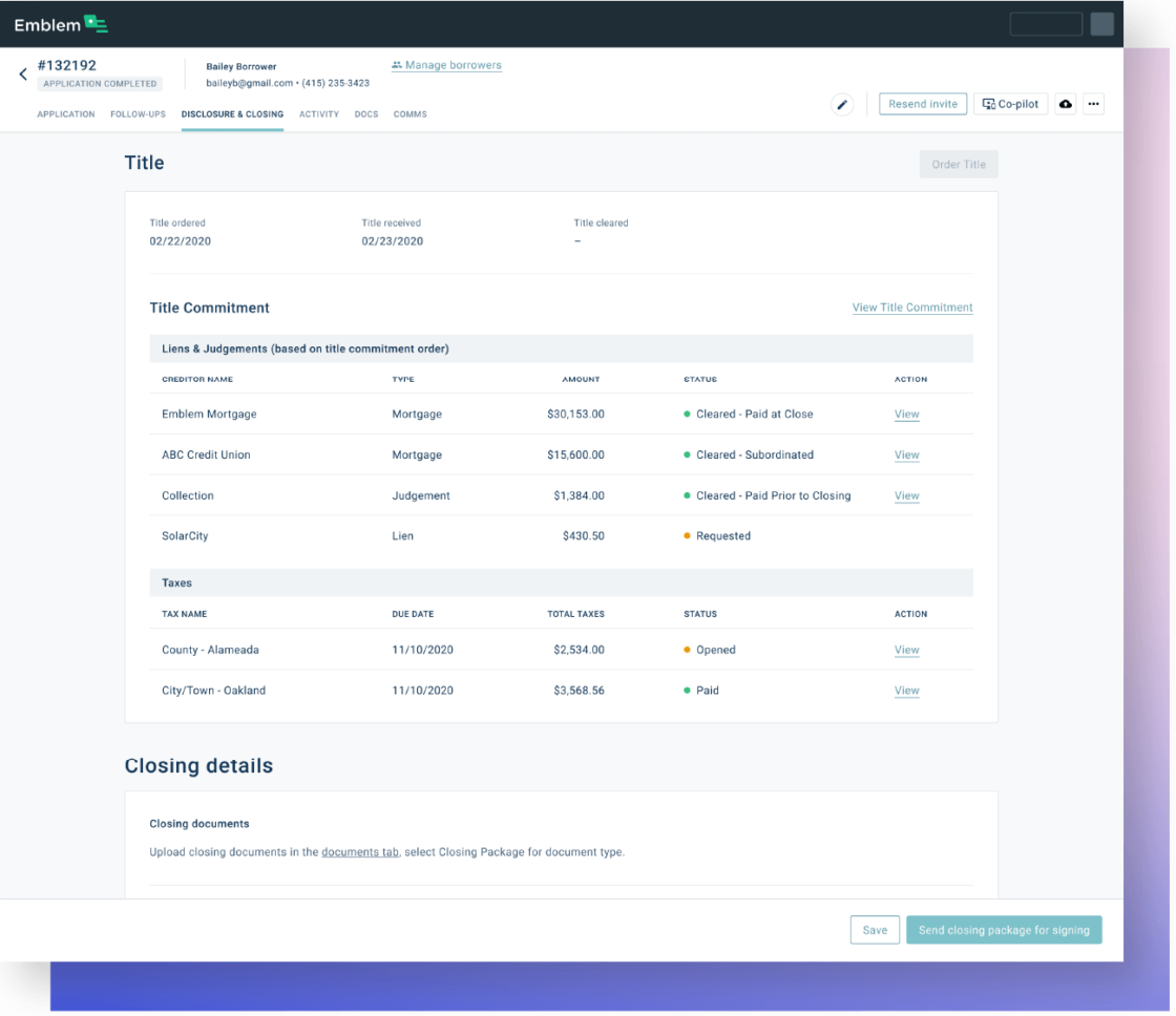 Title product screen of a structured title commitment and tracking status of title curative work