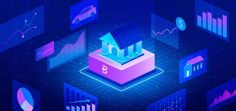 Dark blue rectangular image featuring a glowing house