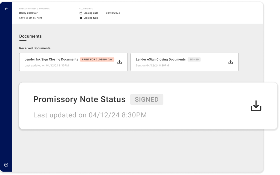 Product screenshot of closing