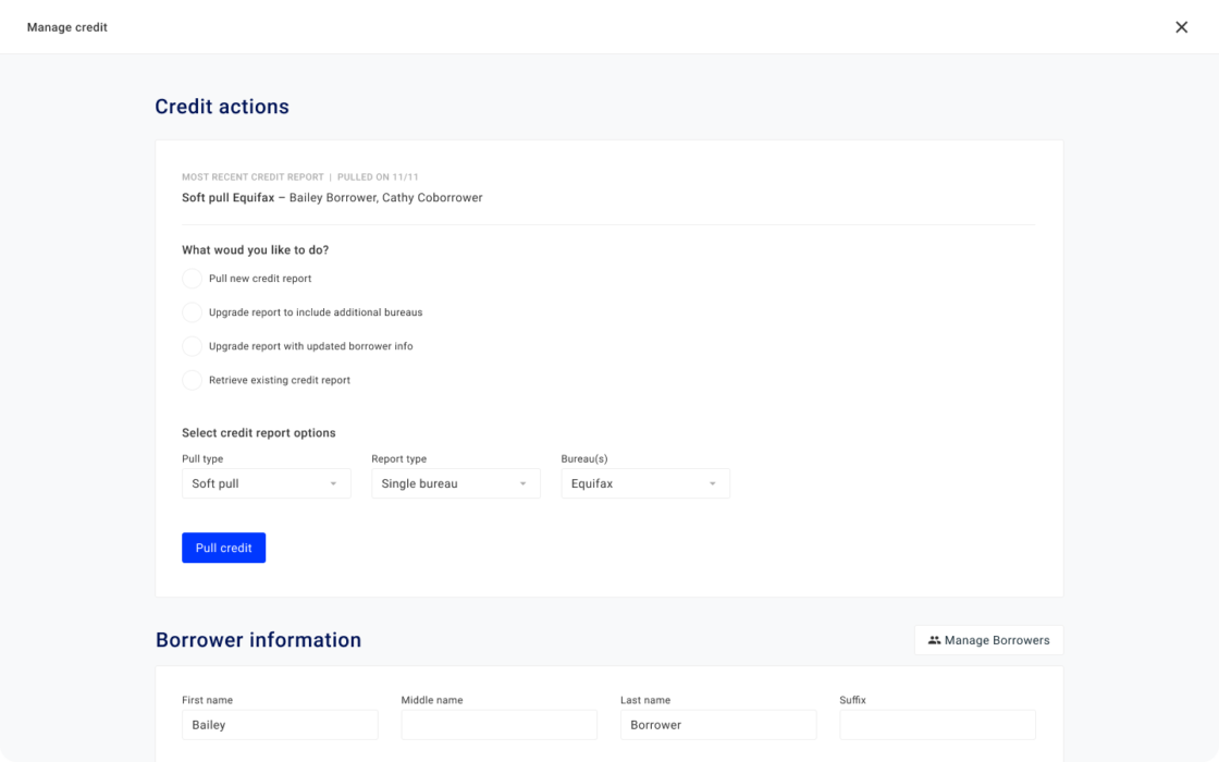 Product screen displaying credit pull options